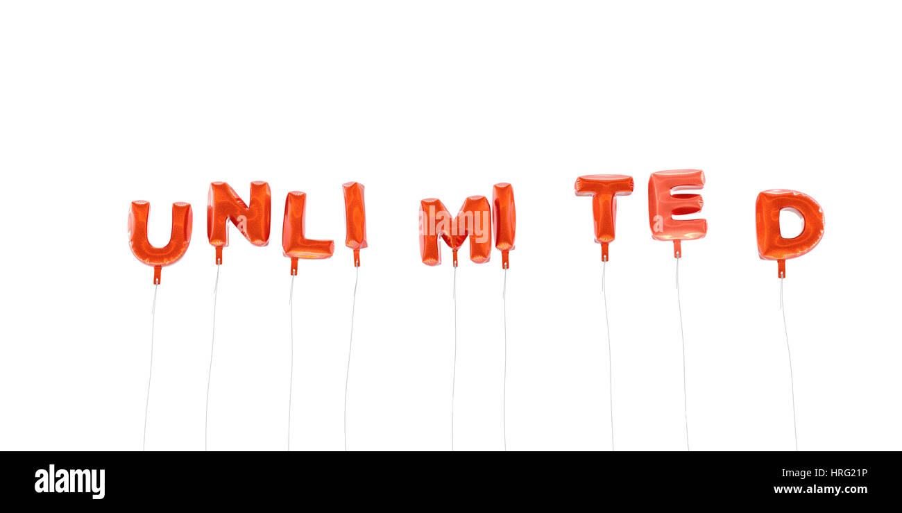 UNLIMITED - word made from red foil balloons - 3D rendered.  Can be used for an online banner ad or a print postcard. Stock Photo