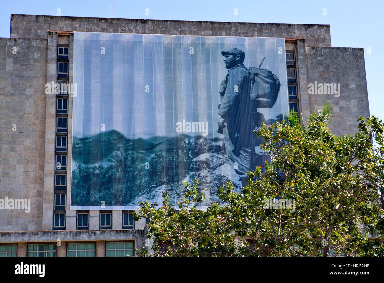 Havana, Cuba - December 11, 2016: Plaza de la Revolucion, Biblioteca Nacional de Cuba Jose Marti. A picture of Cuban president Fidel Castro hangs in f Stock Photo