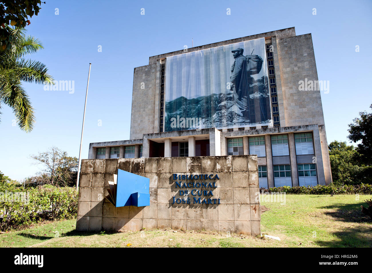 Havana, Cuba - December 11, 2016: Plaza de la Revolucion, Biblioteca Nacional de Cuba Jose Marti. A picture of Cuban president Fidel Castro hangs in f Stock Photo