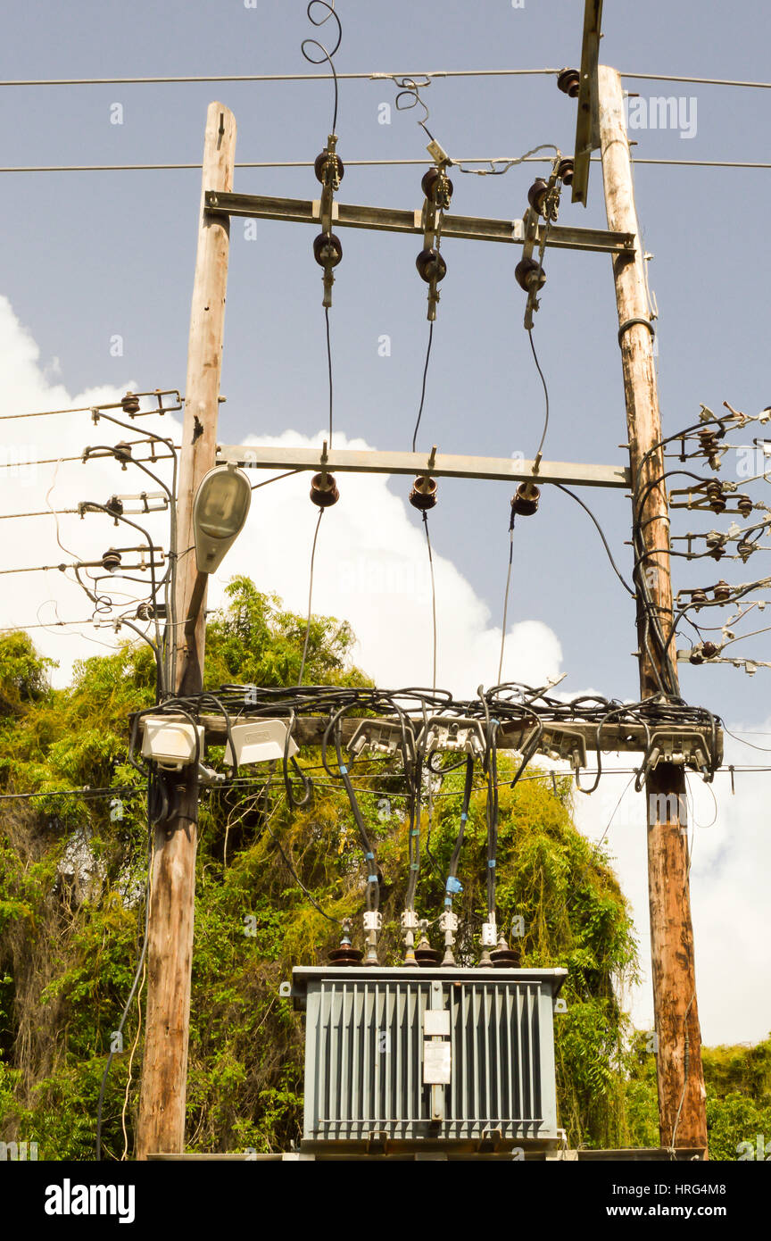 Electric transformer on wooden pylons with an arrival and several departures and countless recreations Stock Photo