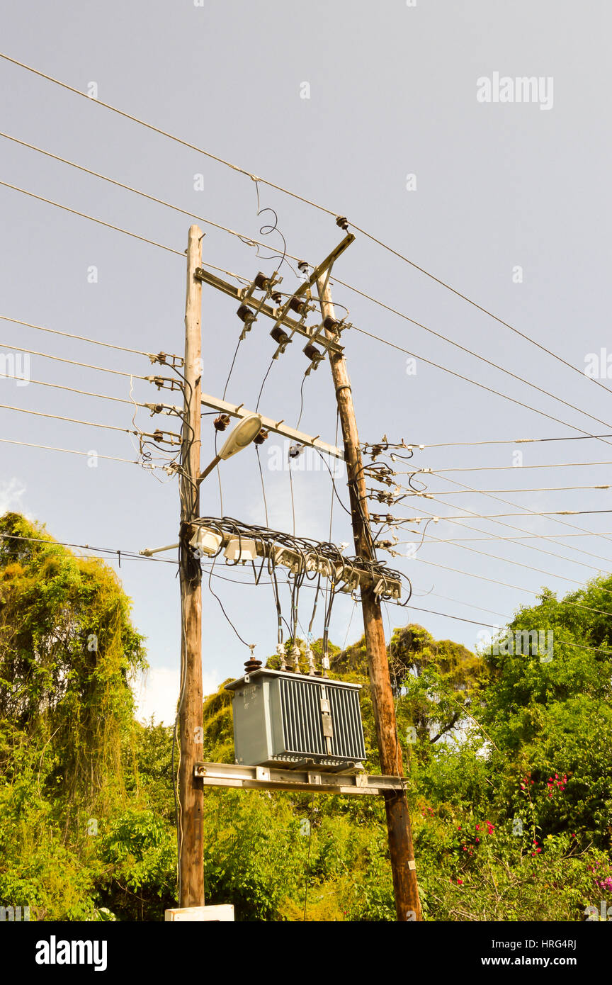 Electric transformer on wooden pylons with an arrival and several departures and countless recreations Stock Photo