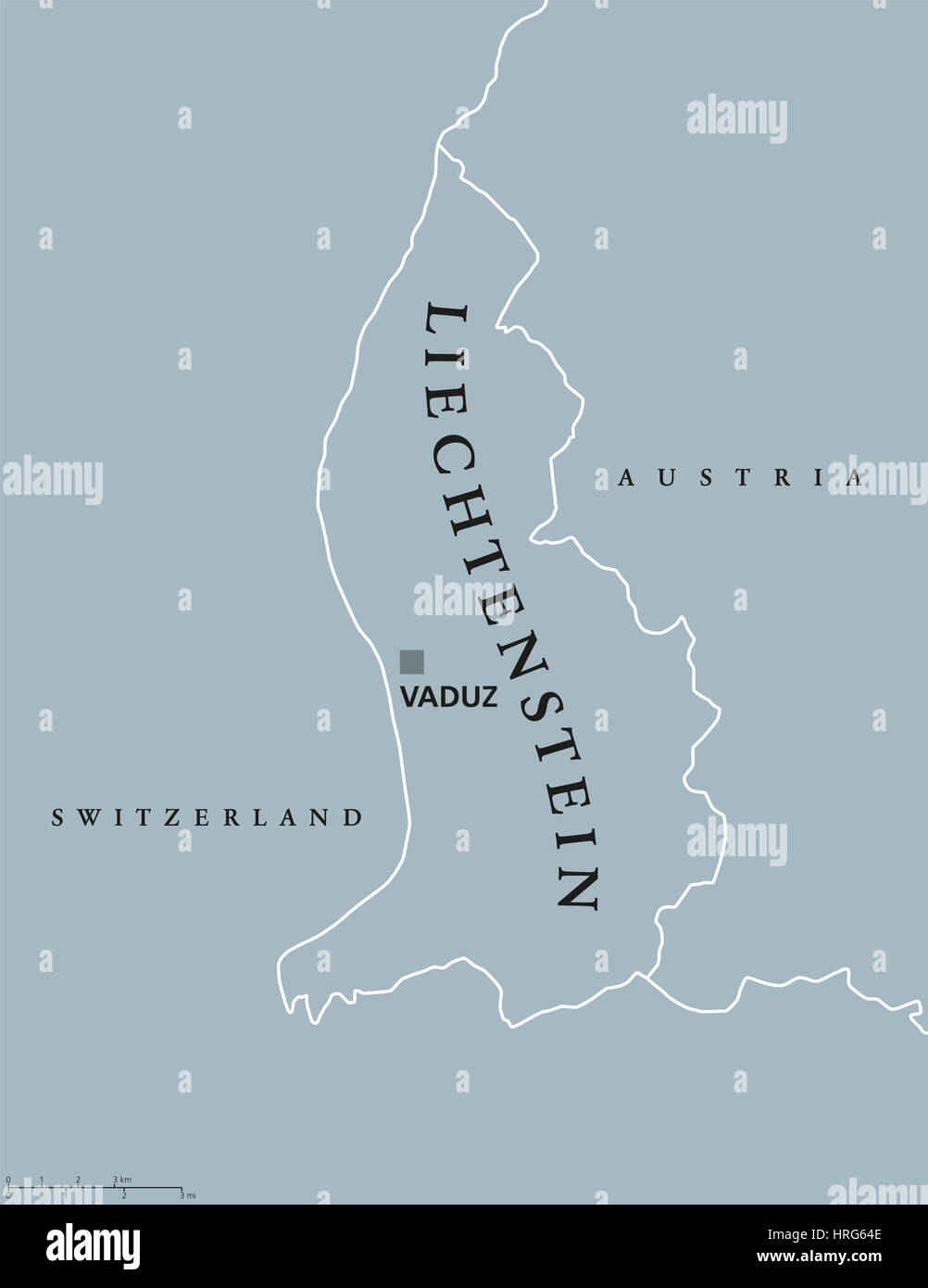 Liechtenstein political map with capital Vaduz, national borders and neighbor countries. Principality and landlocked microstate in Central Europe. Stock Photo