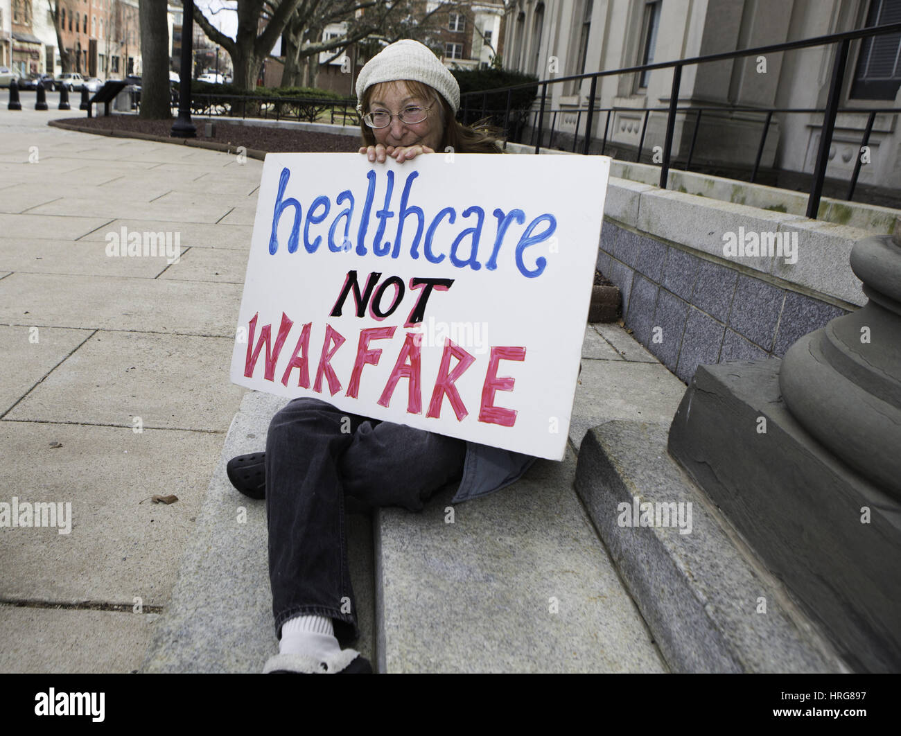 Trenton, New Jersey, USA. 27th Feb, 2017. LISA BANWELL of Howell, New Jersey receives Medicare but expressed her concerned of her husband, who has a pre-existing health issue, during a rally at the Statehouse in Trenton, New Jersey. Demonstrators called on Gov., Chris Christie, R-N.J. to oppose any Republican's plan to repeal the Affordable Cares Act. Credit: Brian Branch Price/ZUMA Wire/Alamy Live News Stock Photo