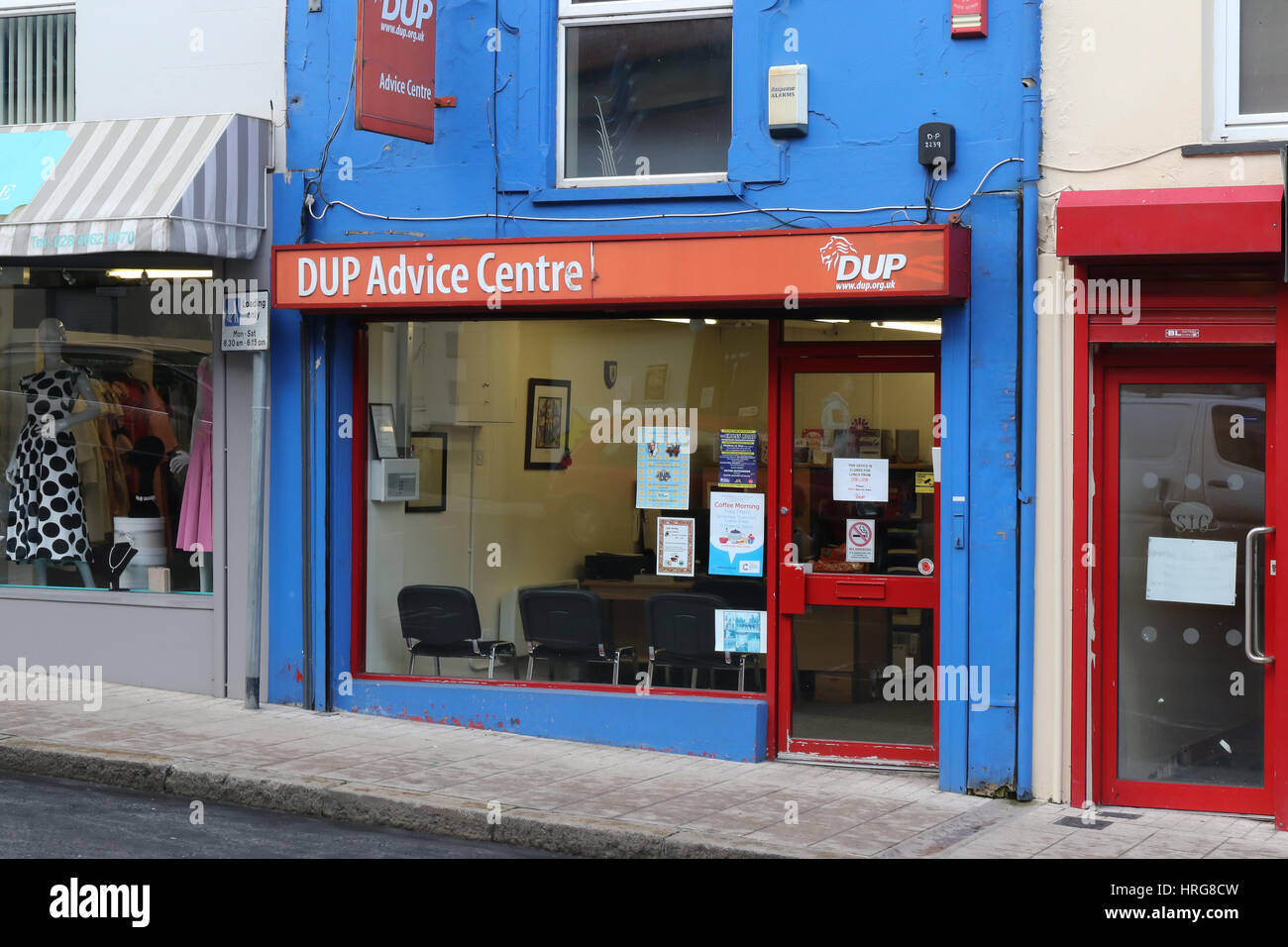 Banbridge, County Down, Northern Ireland, UK. 01 March 2017. With one day left until Northern Ireland goes to the polls, it's quiet at the DUP Advice Centre in Banbridge.The town is in the Upper Bann constituency. David Hunter/Alamy Live News. Stock Photo