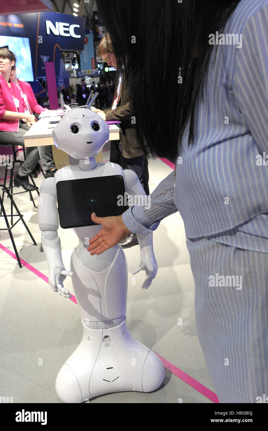 Barcelona, Spain, 1st  March 2017. The robot 'Pepper' humanoid robot during theMobile World Congress  the world’s largest gathering for the mobile industry, organised by the GSMA and held in the Mobile World Capital Barcelona, 27 February - 2 March 2017. Credit: fototext/Alamy Live News Stock Photo