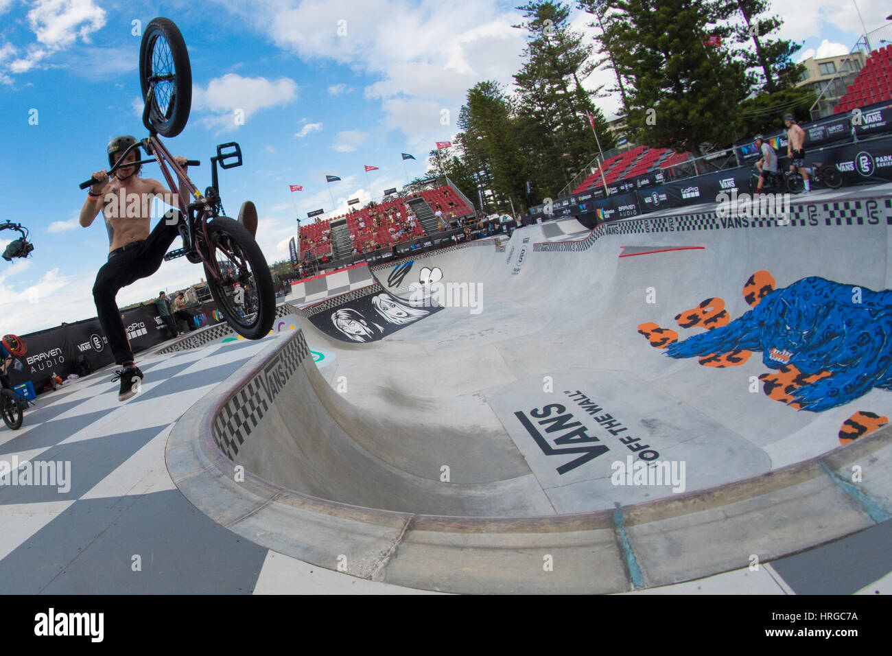 Sydney, Australia - 2nd March 2017: Australian Open of Surfing Sports Event at Manly Beach, Australia featuring Surfing, BMX, Skating and Music.  Pictured are  athletes preparing / practing ahead of the Vans Pro Park Series BMX / Skate competion which is set to take place during the Australian Open of Surfing. Credit: mjmediabox/Alamy Live News Stock Photo