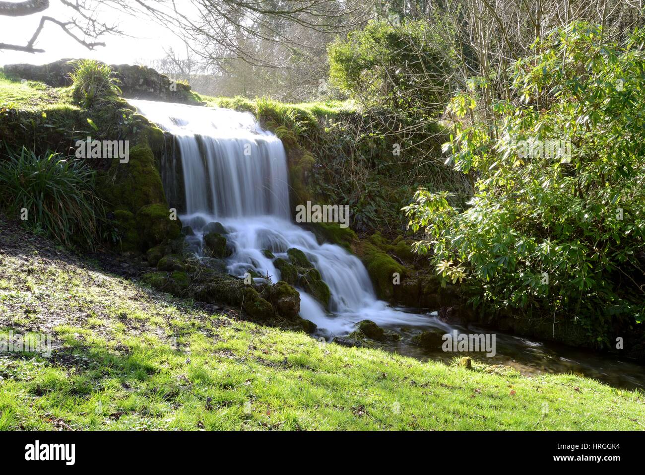 Littlebredy, Dorset, UK. 2nd Mar, 2017. UK Weather. Waterfall at Bridehead Gardens at Littlebredy, known as Axehampton in the TV series, Dorset, UK. 2nd Mar, 2017. UK Weather. Bright sunshine in Dorset. Credit: Dorset Media Service/Alamy Live News Stock Photo