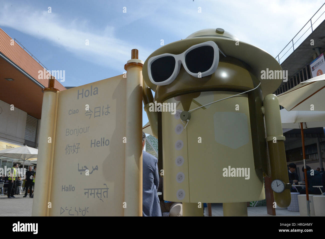 Barcelona, Spain. 2nd Mar, 2017. The mascot of the Google operating system Android can be seen at the Mobile World Congress in Barcelona, Spain, 2 March 2017. Photo: Andrej Sokolow/dpa/Alamy Live News Stock Photo