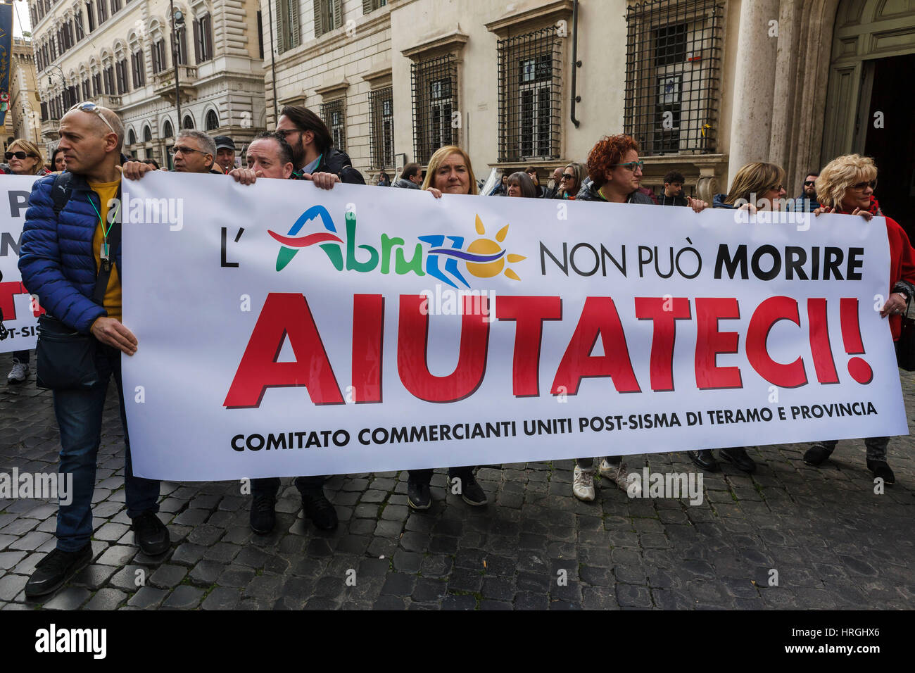 Rome, Italy. 02nd March, 2017. Mayors and citizens of Italy's Abruzzo region demonstrate to denounce the state of abandonment in which lie the areas affected by the earthquake and ask an extraordinary and decisive response from the Italian Government. Credit: Giuseppe Ciccia/Alamy Live News Stock Photo