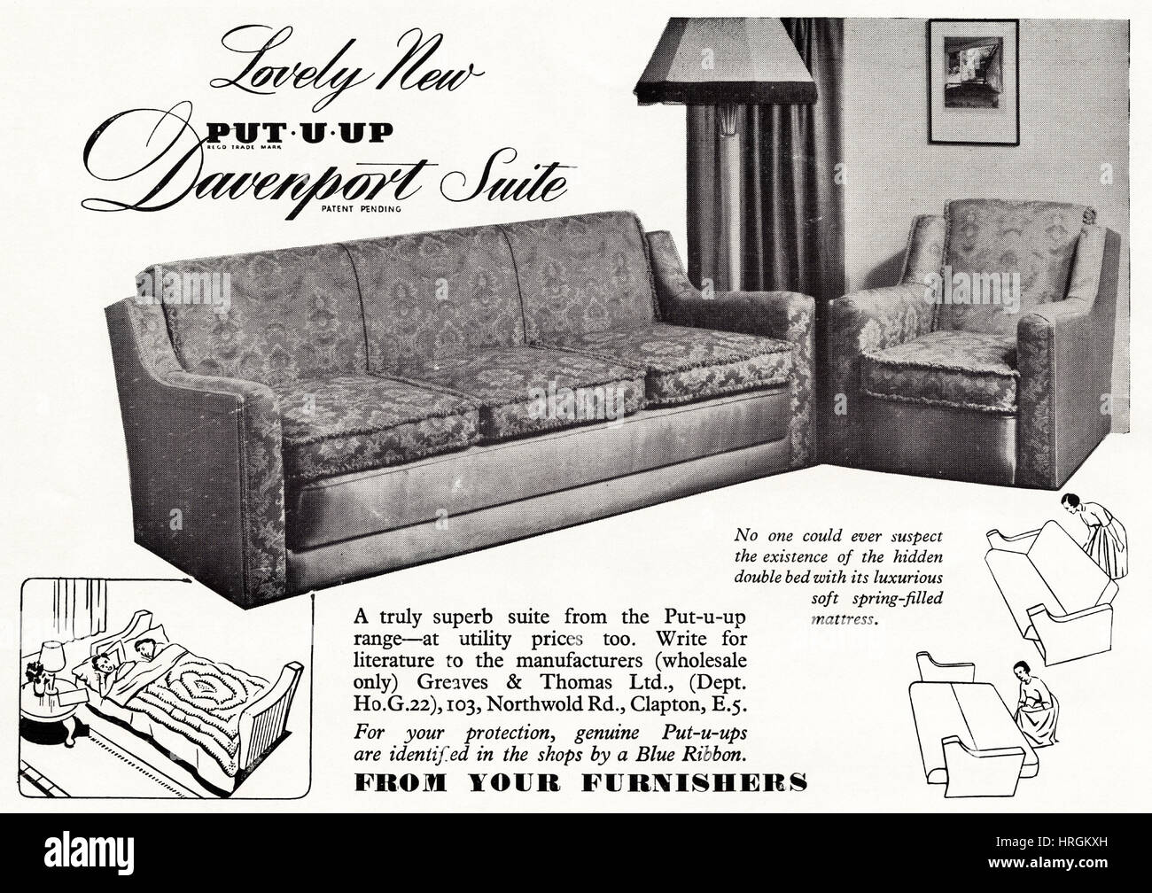 1950s advertising advert from original old vintage English magazine dated  1950 advertisement for Davenport Suite sofa bed Stock Photo - Alamy