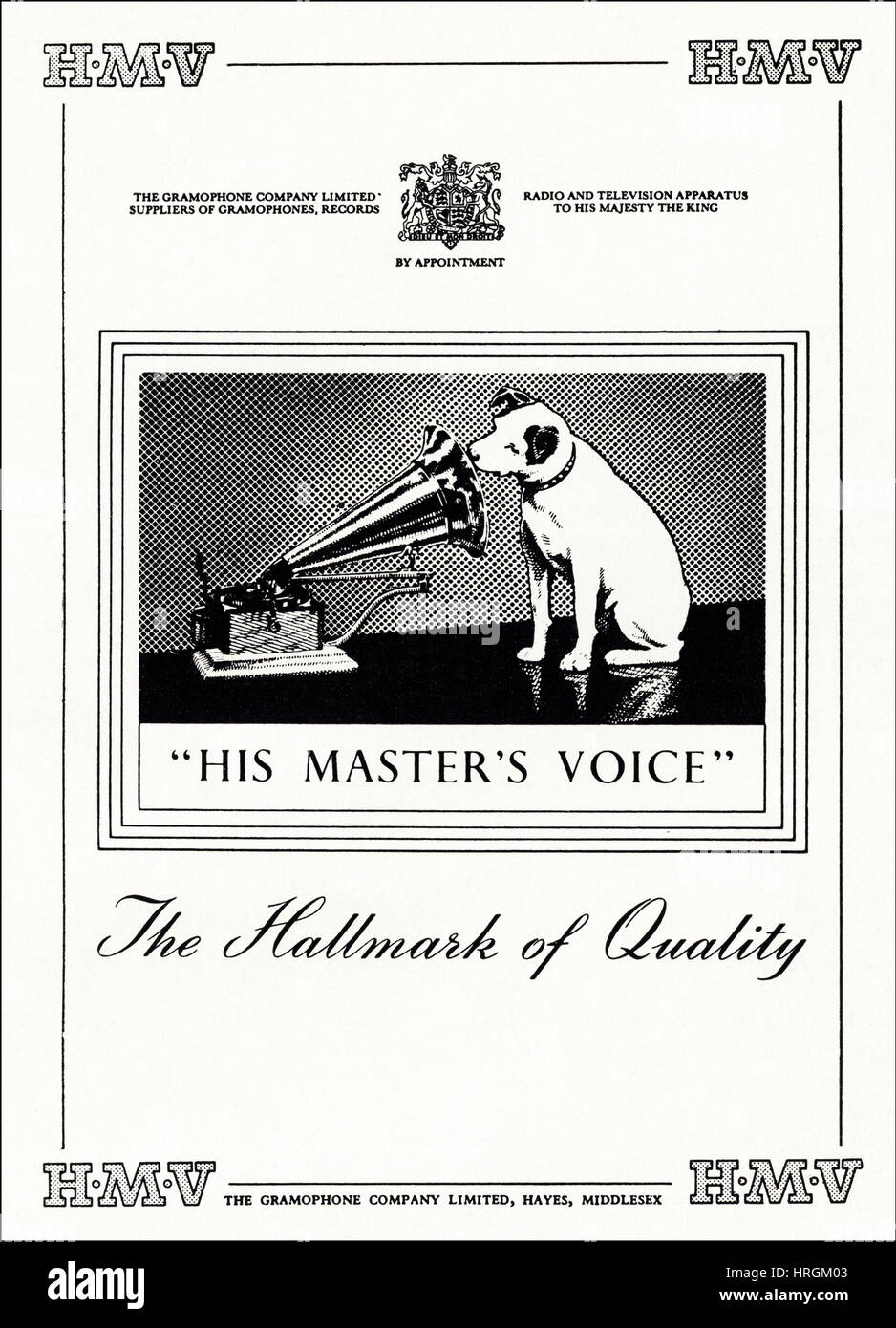 1950s advertising advert from original old vintage English magazine dated 1950 advertisement for HMV The Gramophone Company Limited of Hayes Middlesex England UK by Royal Appointment Stock Photo