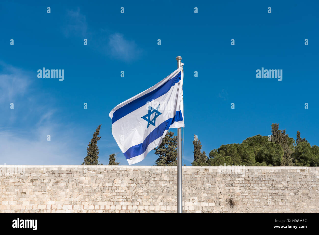 Israeli flag above western wall, Jerusalem, Israel Stock Photo