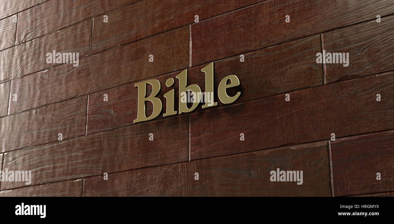 Bible Bronze plaque mounted on maple wood wall 3D rendered royalty