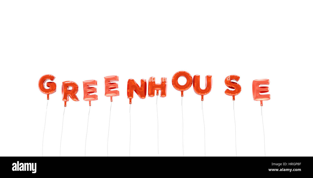 GREENHOUSE word made from red foil balloons 3D rendered. Can be