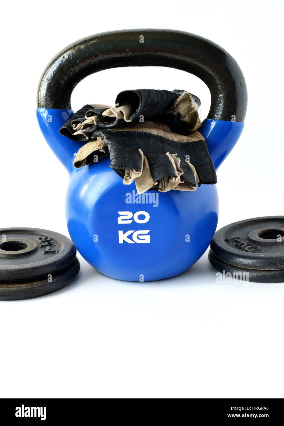 Tools for bodybuilding, fitness and crossfit. Weight, glove and kettlebell. Stock Photo
