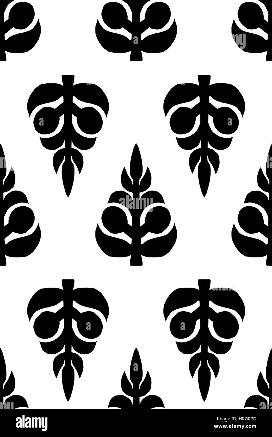 Vector seamless pattern, block printed floral background, handmade Russian motif ornament, black on white background. Stock Vector