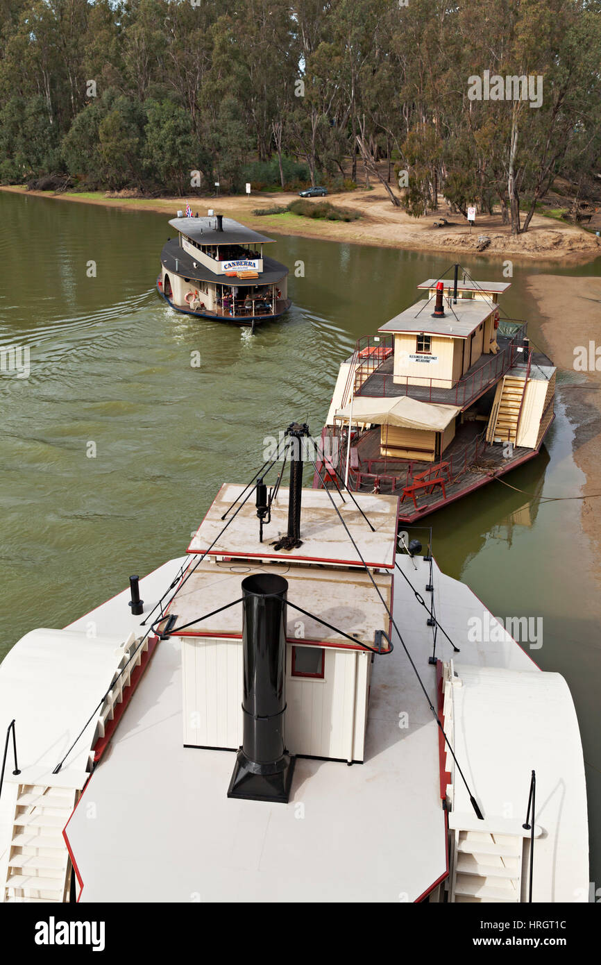 Old Paddlesteamers alongside the historic Port of Echuca Wharf,located on the Murray River in Victoria Australia. Stock Photo