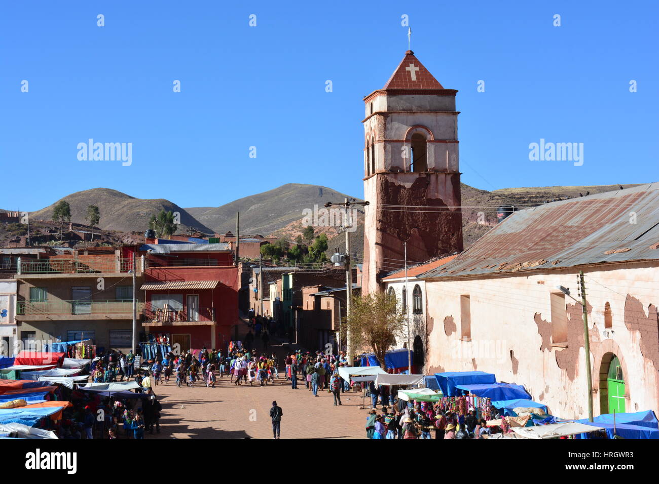 The small colonial town of Macha, Bolivia, during the Tinku festival, a big and violent celebration of the Andes culture Stock Photo