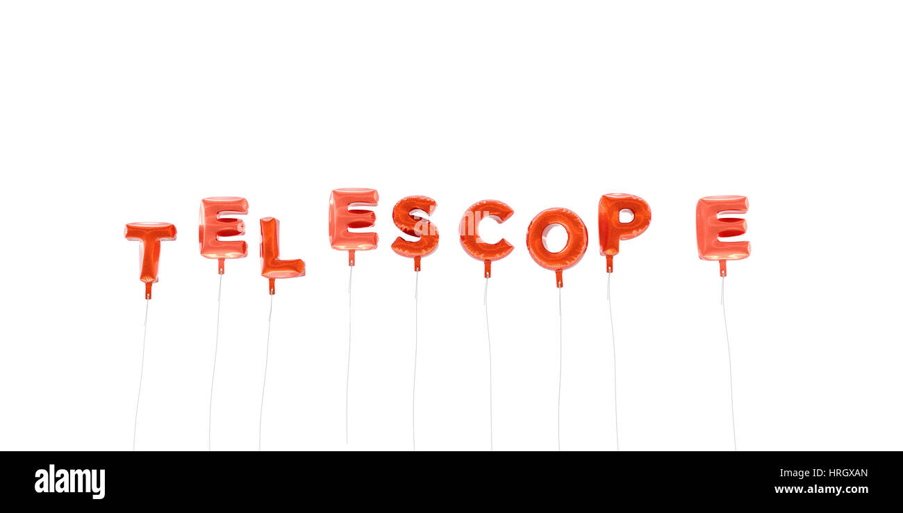 TELESCOPE word made from red foil balloons 3D rendered. Can be used