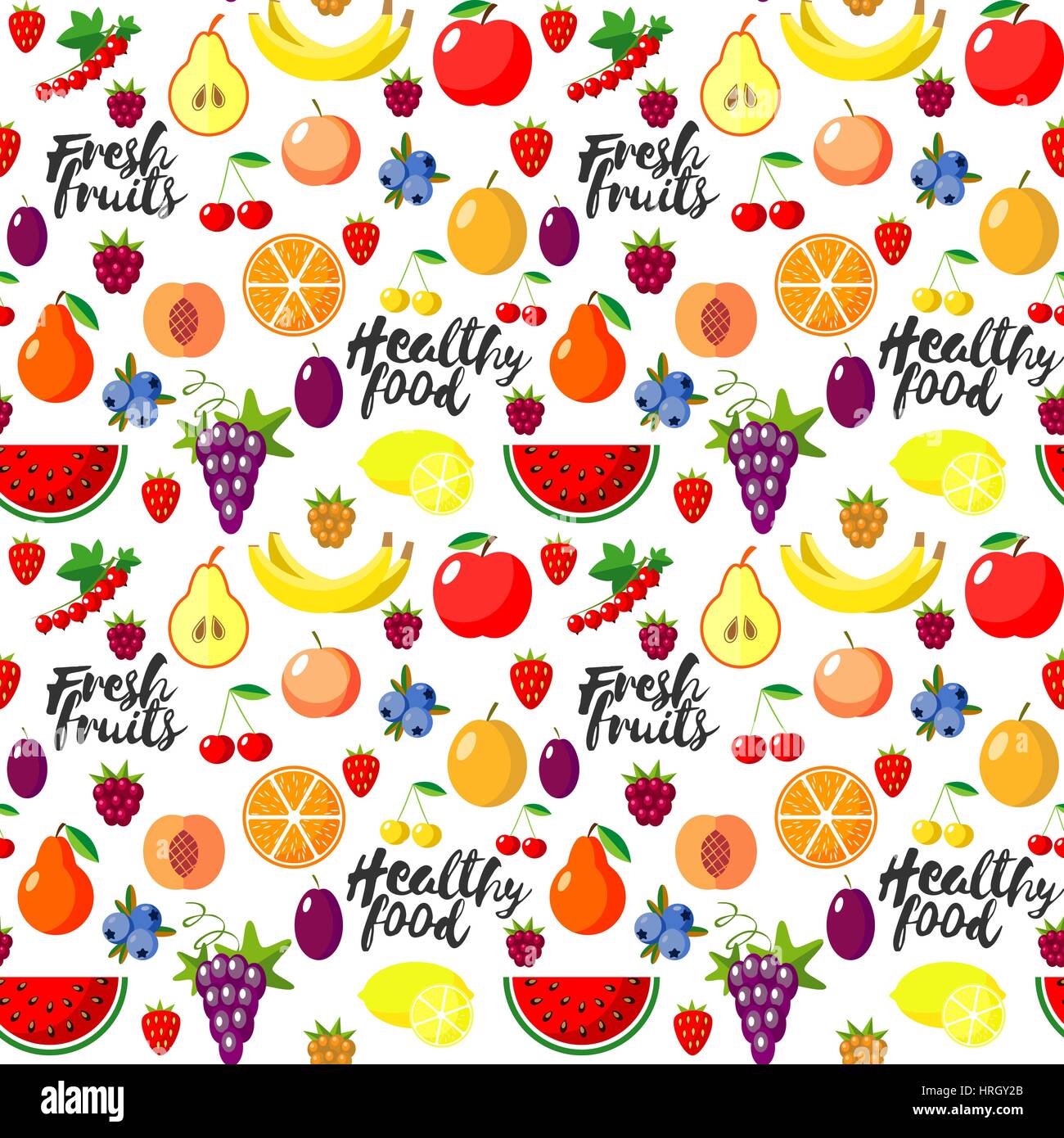 Fresh fruits flat style seamless background. Healthy food patern Stock ...