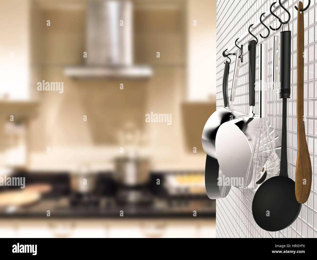 3d rendering kitchen rack hanging with kitchen background Stock Photo ...