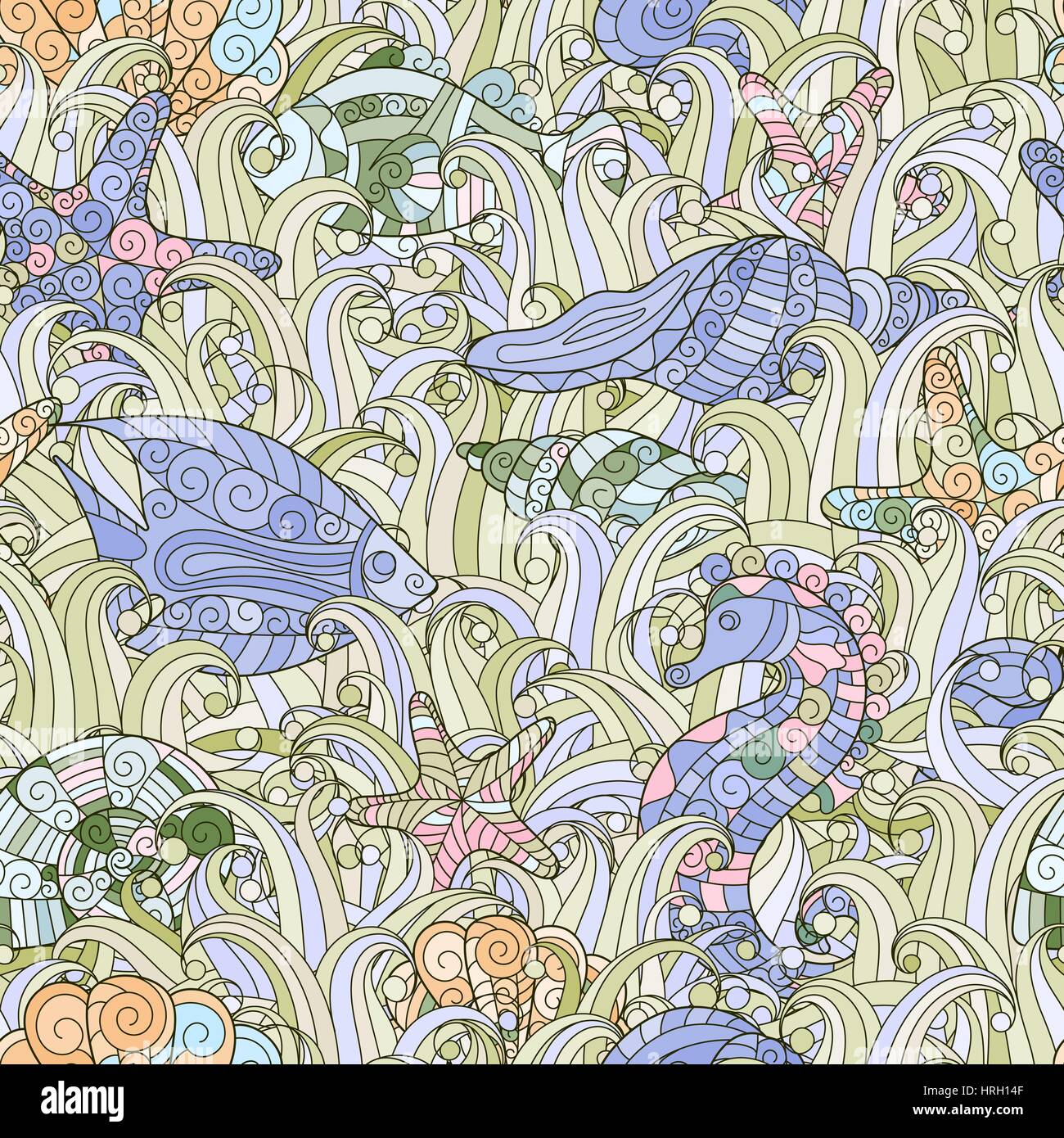 Seamless pattern of colorful hand drawn seashells, starfish and ...