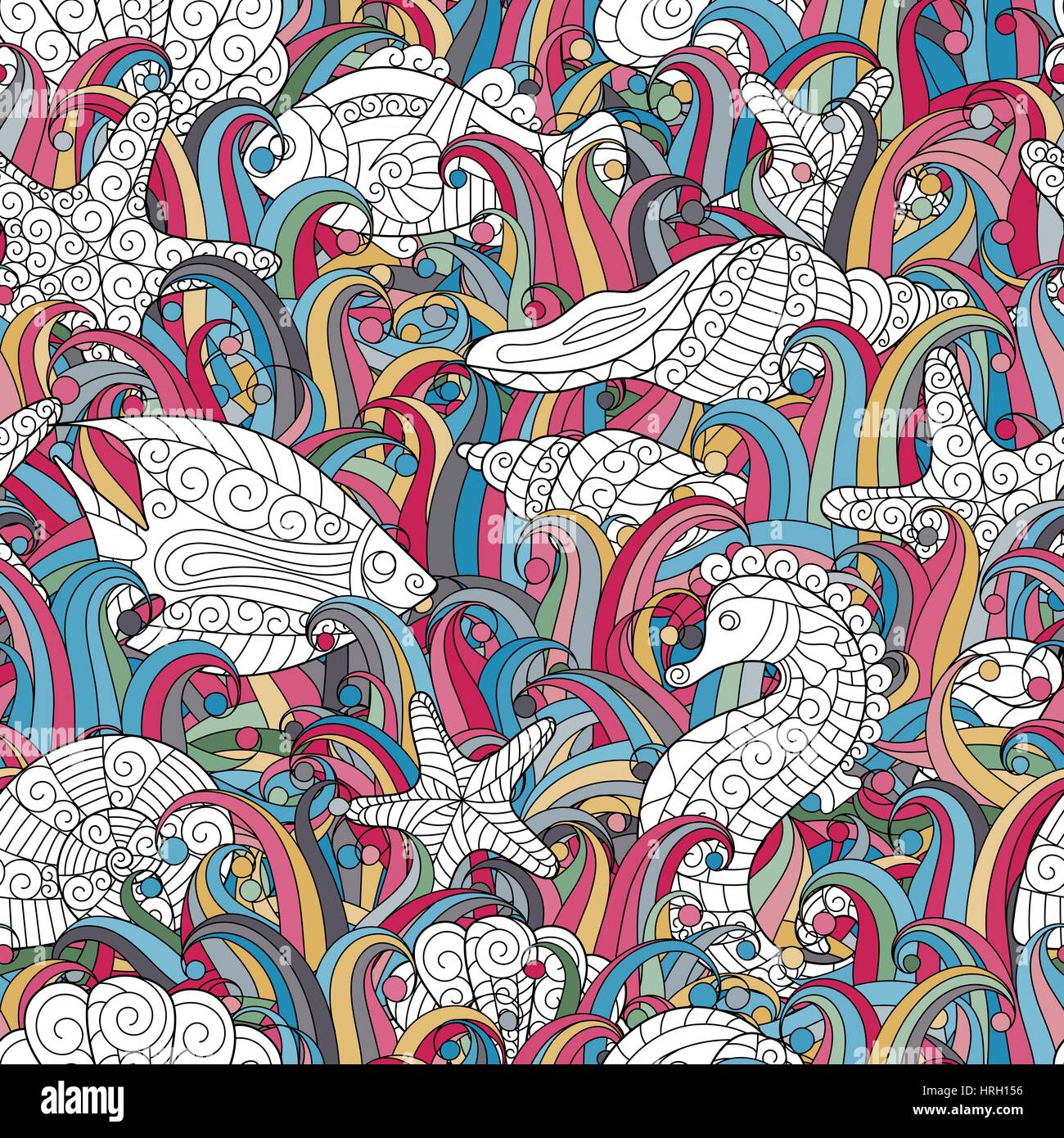 Seamless pattern of colorful hand drawn seashells, starfish and ...