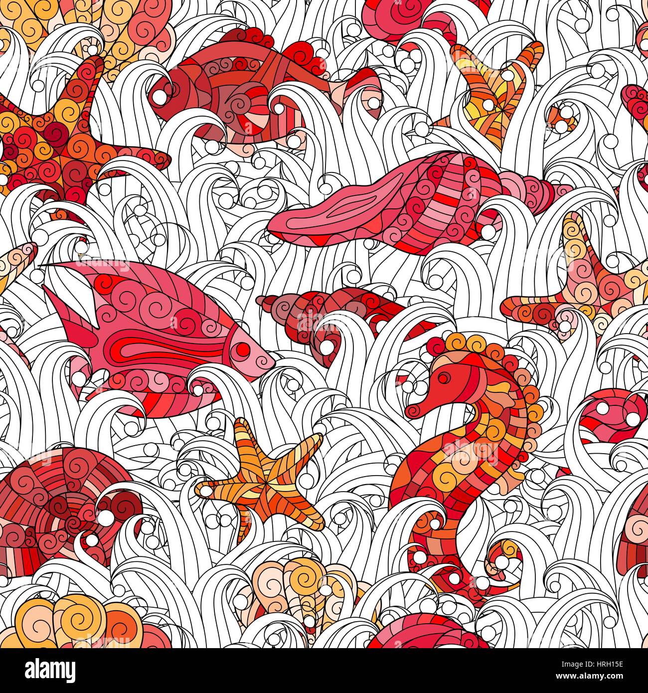 Seamless pattern of colorful hand drawn seashells, starfish and ...