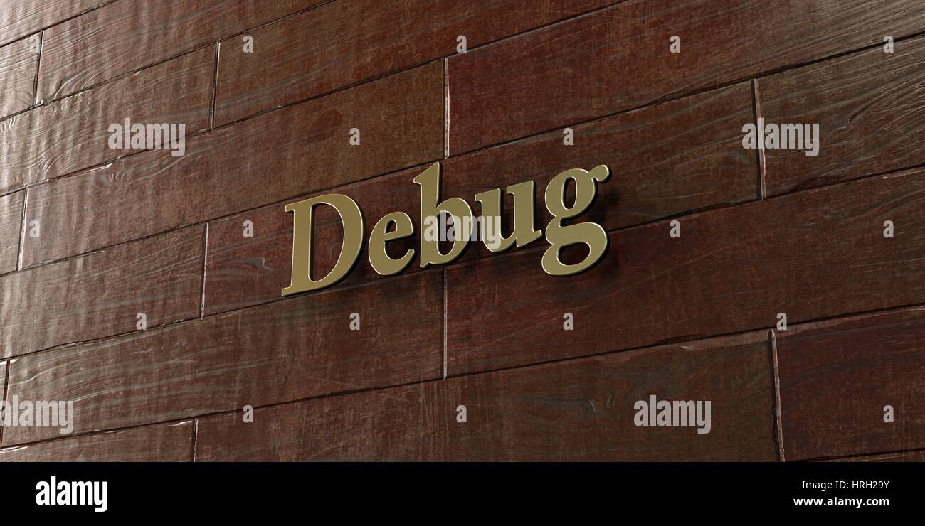 Debug - Bronze plaque mounted on maple wood wall  - 3D rendered royalty free stock picture. This image can be used for an online website banner ad or  Stock Photo