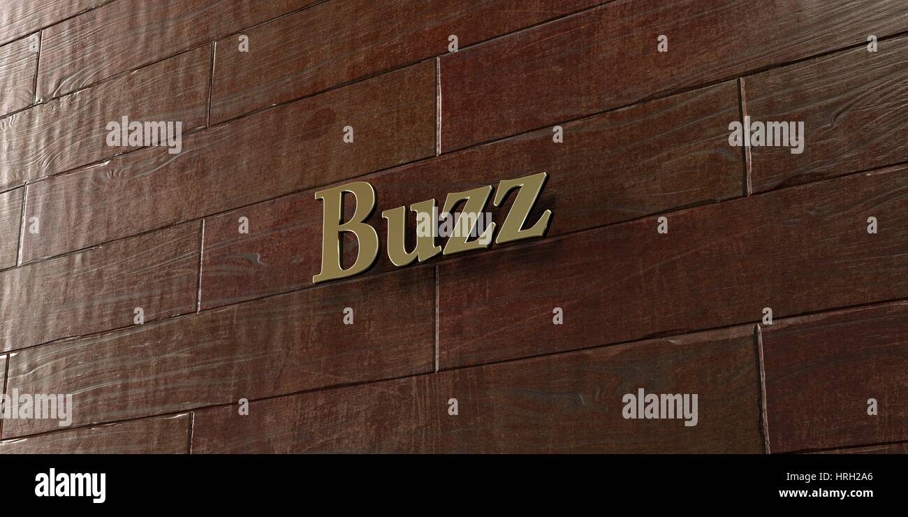 Buzz - Bronze plaque mounted on maple wood wall  - 3D rendered royalty free stock picture. This image can be used for an online website banner ad or a Stock Photo
