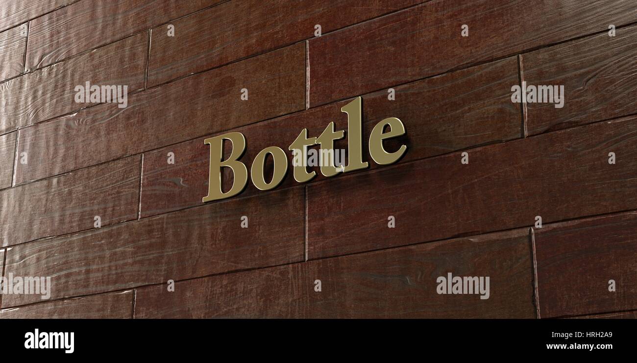 Bottle - Bronze plaque mounted on maple wood wall  - 3D rendered royalty free stock picture. This image can be used for an online website banner ad or Stock Photo