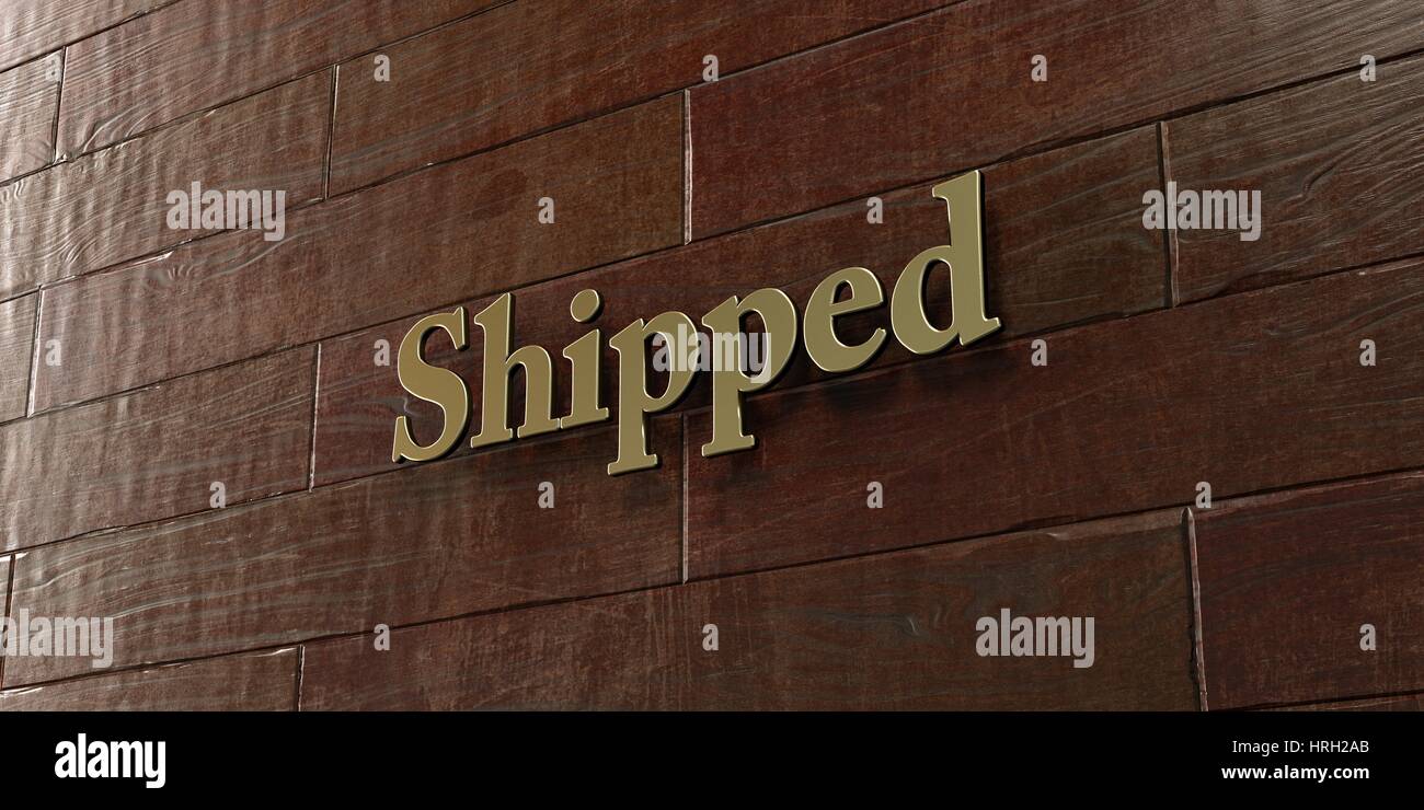 Shipped - Bronze plaque mounted on maple wood wall  - 3D rendered royalty free stock picture. This image can be used for an online website banner ad o Stock Photo