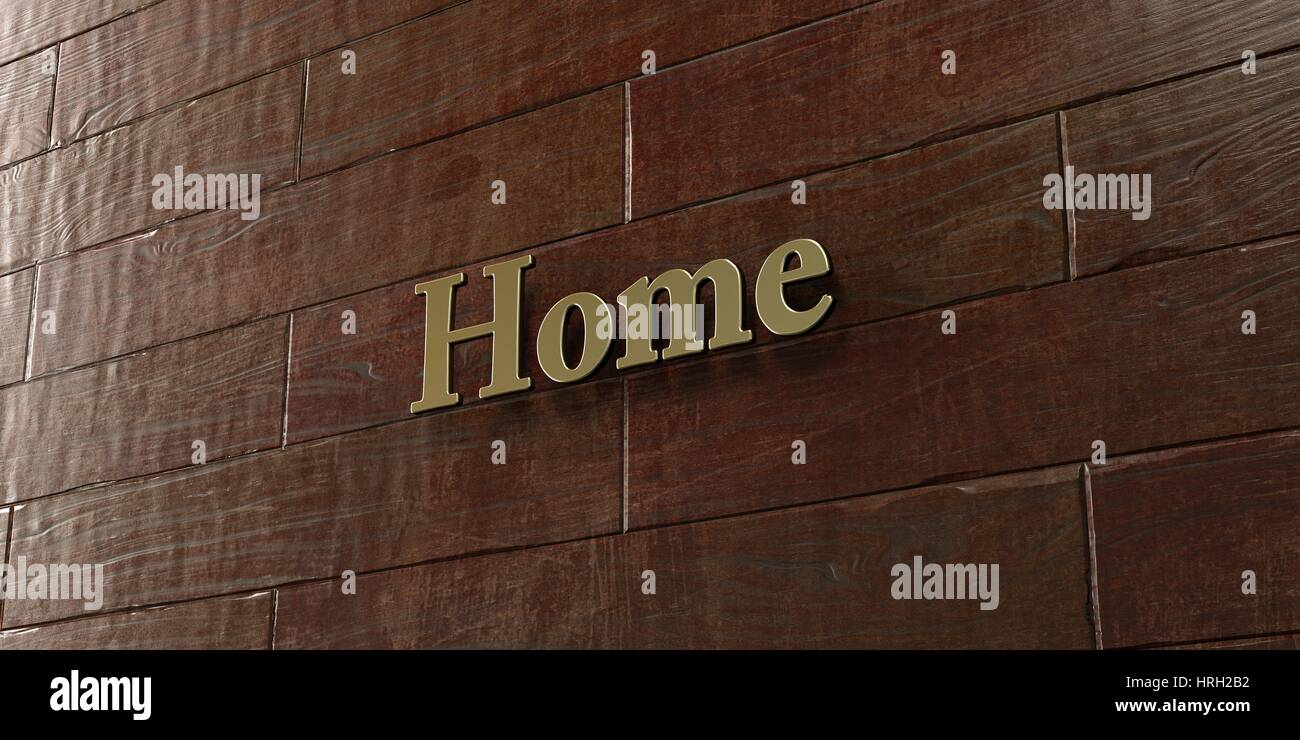 Home - Bronze plaque mounted on maple wood wall  - 3D rendered royalty free stock picture. This image can be used for an online website banner ad or a Stock Photo