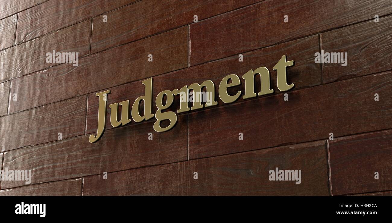 Judgment - Bronze plaque mounted on maple wood wall  - 3D rendered royalty free stock picture. This image can be used for an online website banner ad  Stock Photo