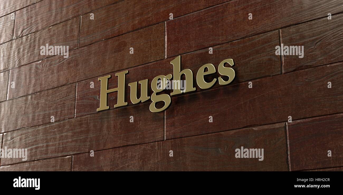 Hughes - Bronze plaque mounted on maple wood wall  - 3D rendered royalty free stock picture. This image can be used for an online website banner ad or Stock Photo