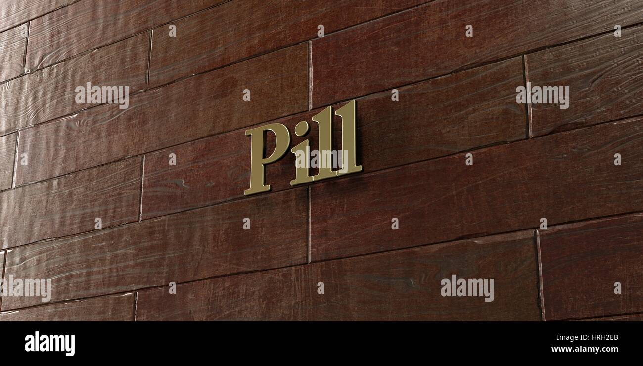 Pill - Bronze plaque mounted on maple wood wall  - 3D rendered royalty free stock picture. This image can be used for an online website banner ad or a Stock Photo