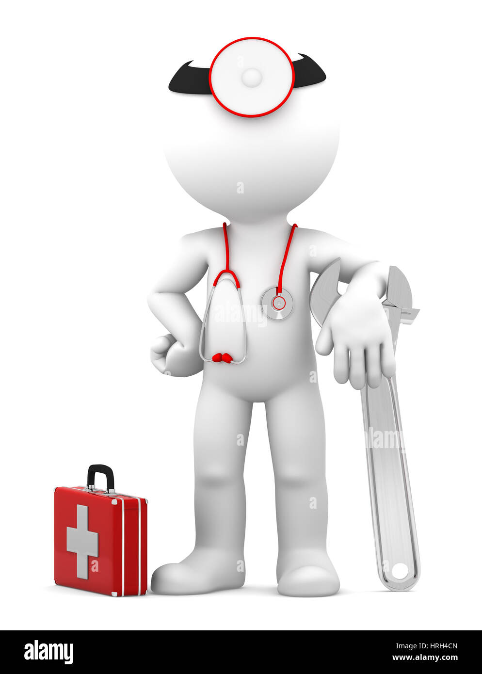 Medic with adjustable wrench. Repair concept. Isolated on white Stock