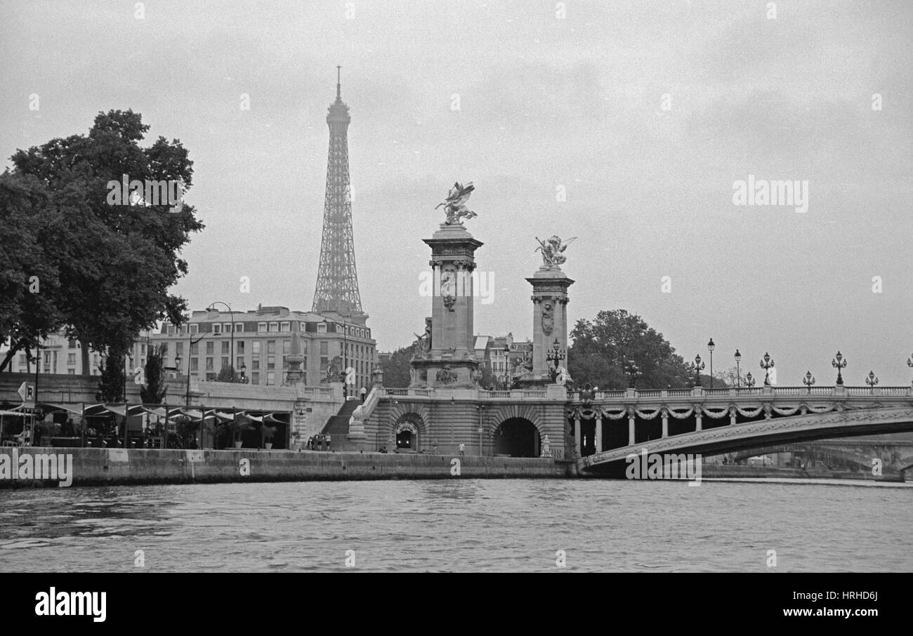 Eiffel Tower in Paris from the River Seine in black and white. Stock Photo