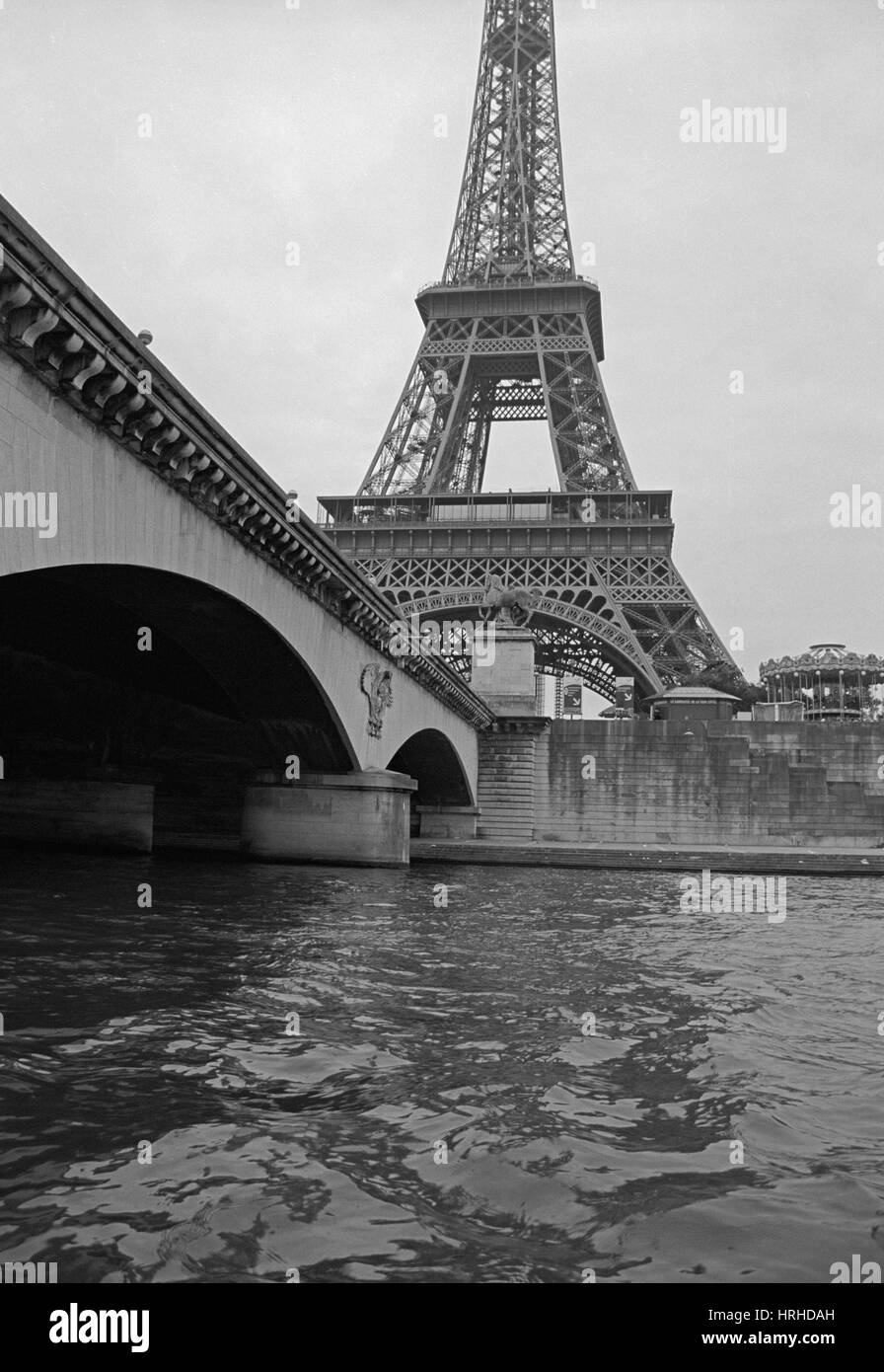 Eiffel Tower in Paris from the River Seine in black and white. Stock Photo