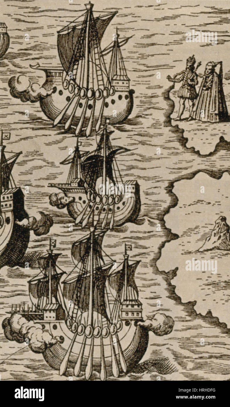 Columbus' Caravels Depart Spain, 1492 Stock Photo