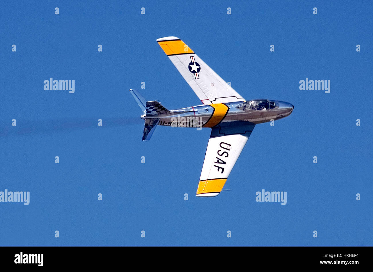 North American F-86 Sabre swept wing jet of the Korean War flying at an air show Stock Photo