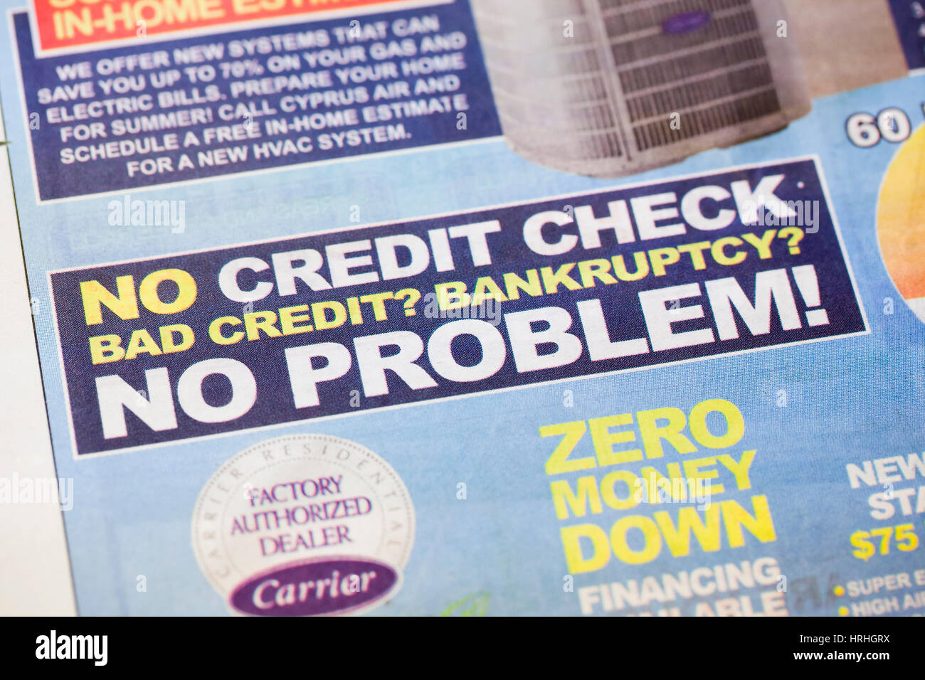 No Credit Check, Bad Credit, Bankruptcy, No Problem message in print ad for HVAC system - USA Stock Photo