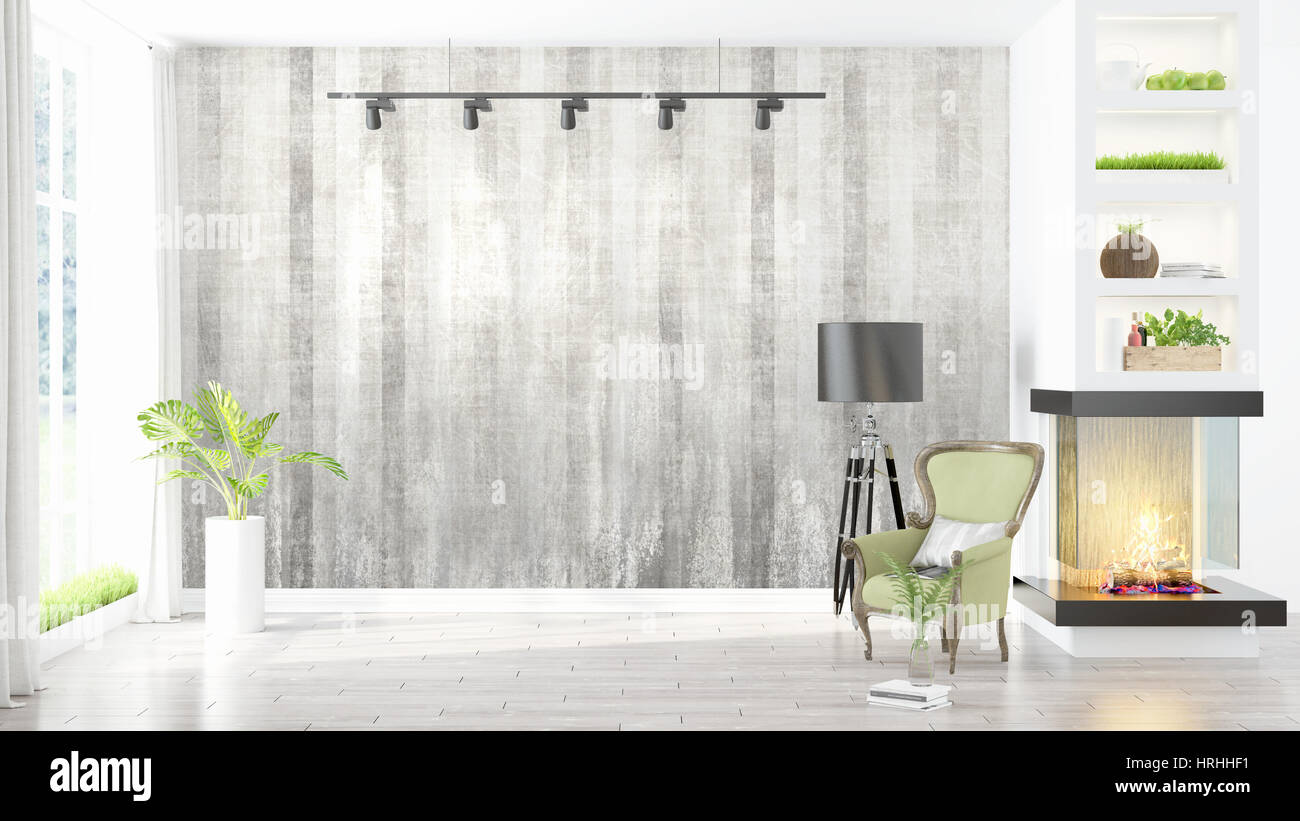 Beautiful modern living room interior with fireplace. 3D rendering ...