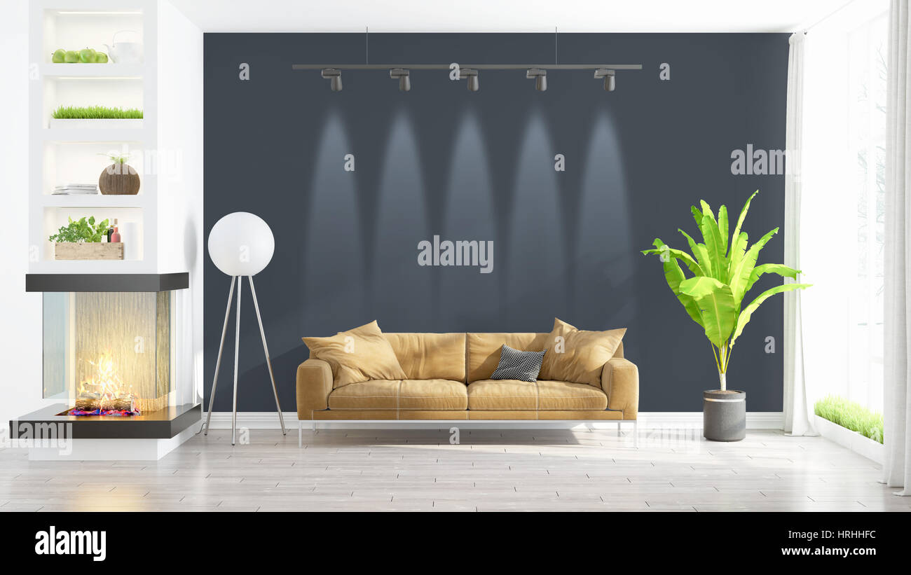 Beautiful modern living room interior with fireplace. 3D rendering ...
