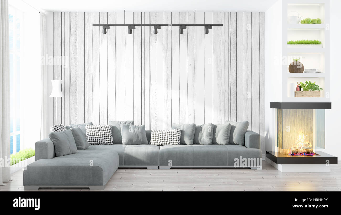 Beautiful modern living room interior with fireplace. 3D rendering ...