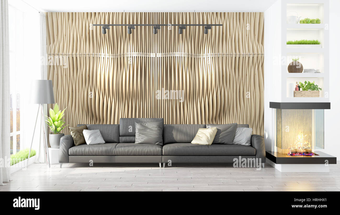 Beautiful modern living room interior with fireplace. 3D rendering ...