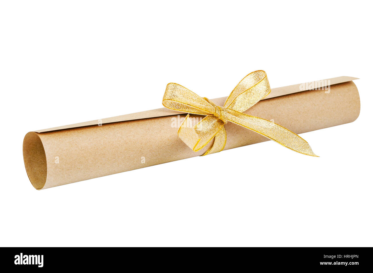 paper scroll and gold bow isolated on white background, Saved clipping path Stock Photo
