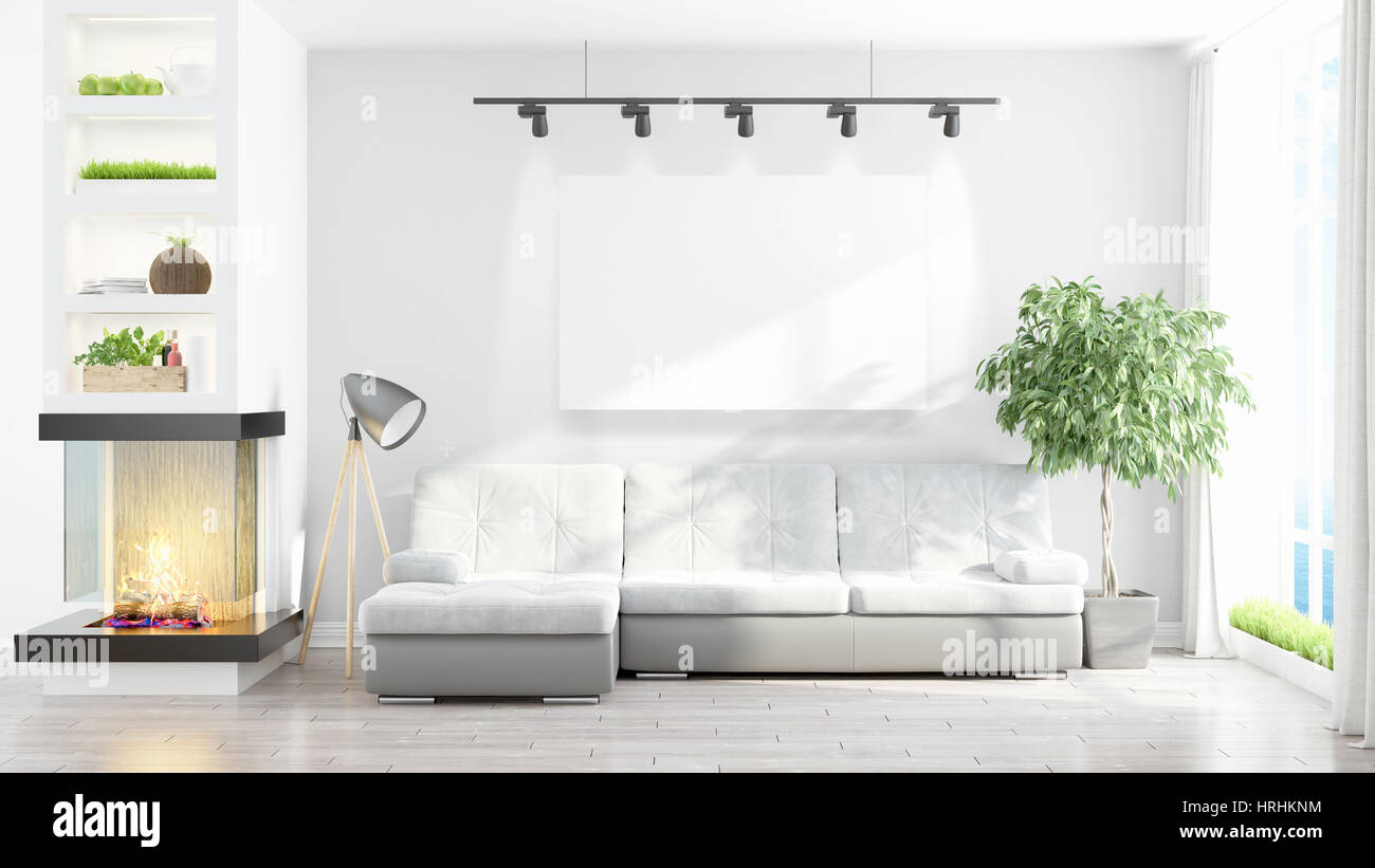 Modern interior with empty frame . 3D rendering Stock Photo - Alamy