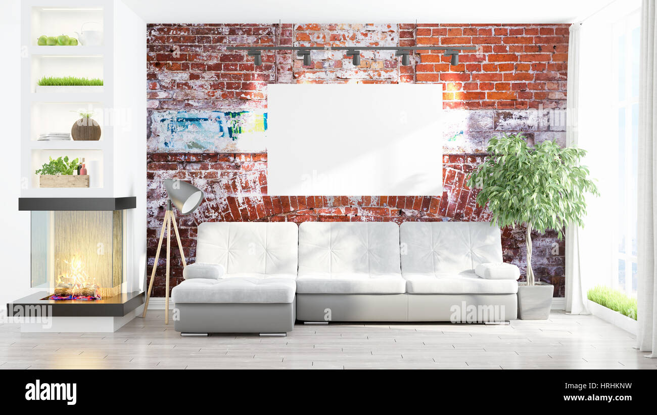 Modern interior with empty frame . 3D rendering Stock Photo - Alamy