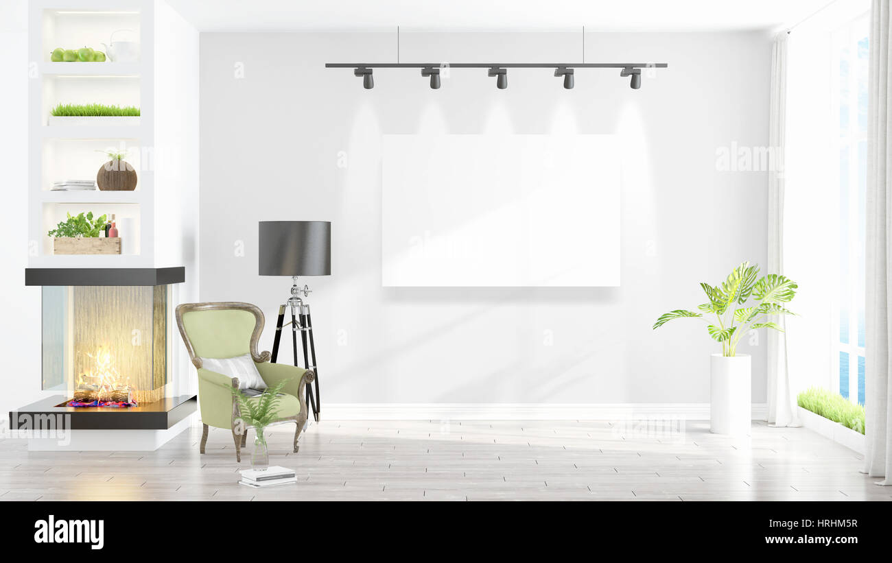 Modern interior with empty frame . 3D rendering Stock Photo - Alamy